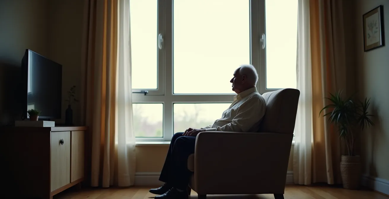 Elderly person sitting alone by window in contemplative pose