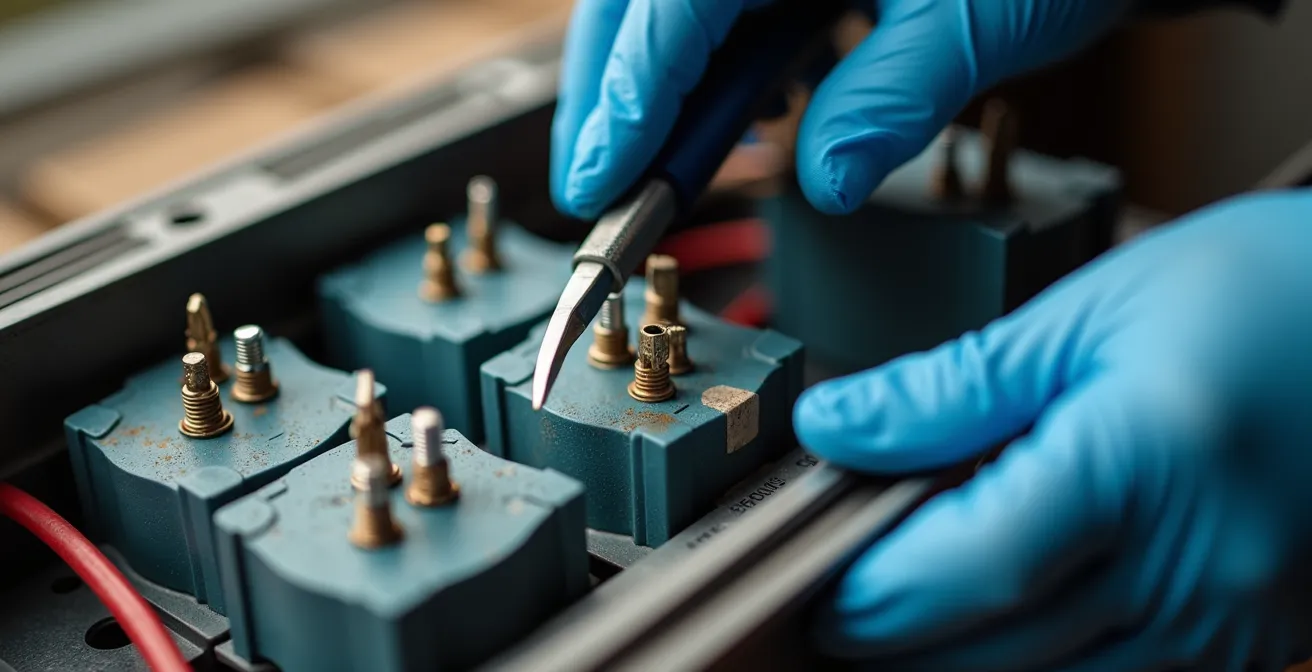 A technician's gloved hands checking the battery connections inside a stairlift unit.