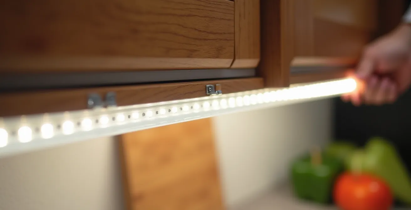 Close-up view of LED strip lights being installed under kitchen cabinets