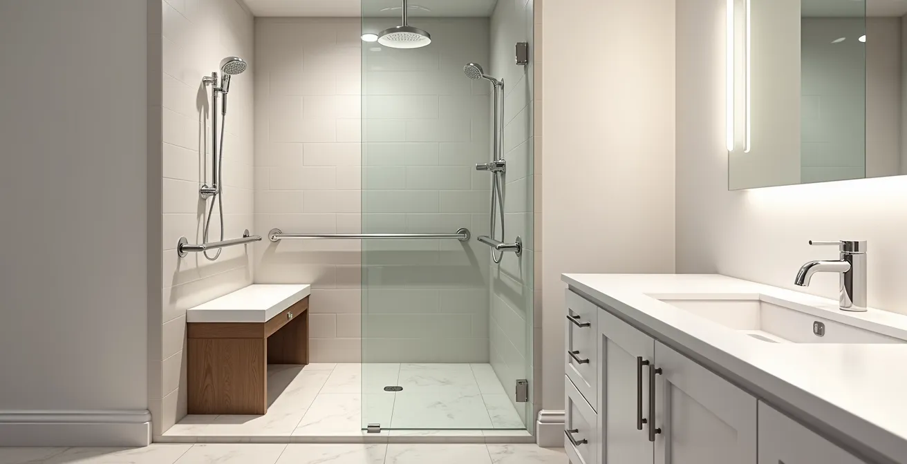 Modern bathroom showing a completed walk-in shower with zero-threshold entry and a built-in seat