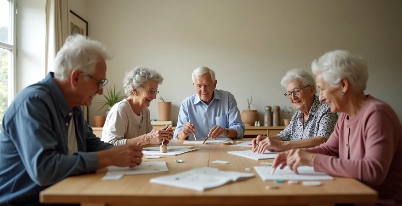 A welcoming scene of several seniors happily engaged in a craft activity around a large community table.