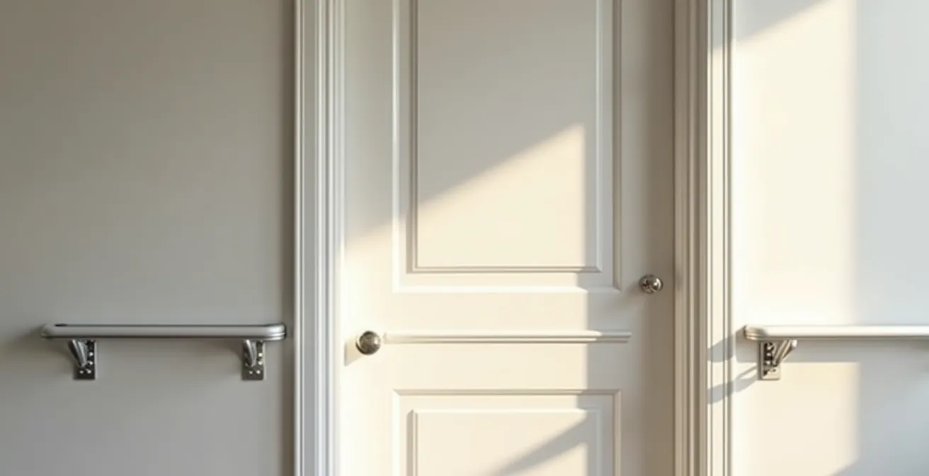 Door frame with protective trim showing multiple layers of impact resistance