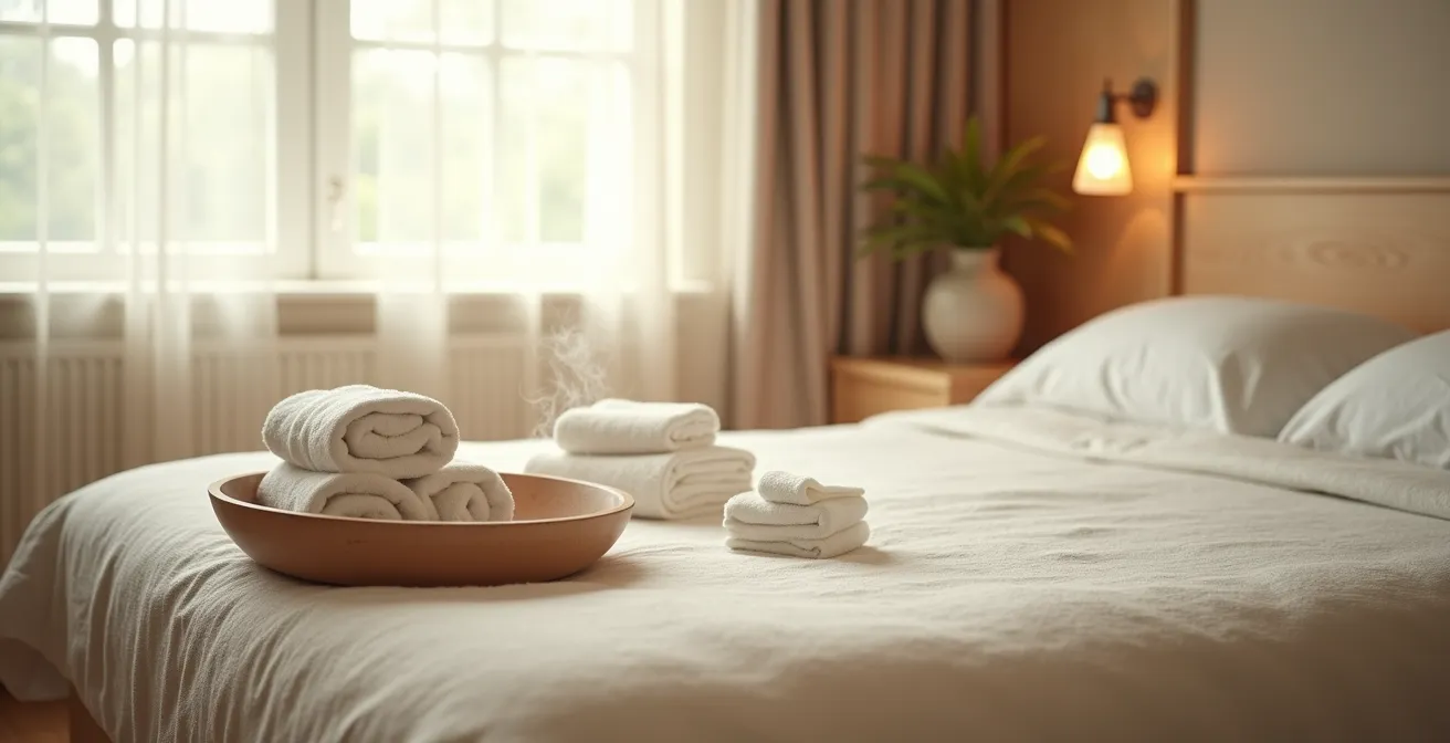 Multiple warm towels arranged for zone-by-zone bathing technique