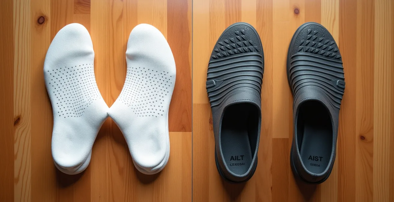 Split view showing hospital grip socks and supportive indoor shoes on wooden floor