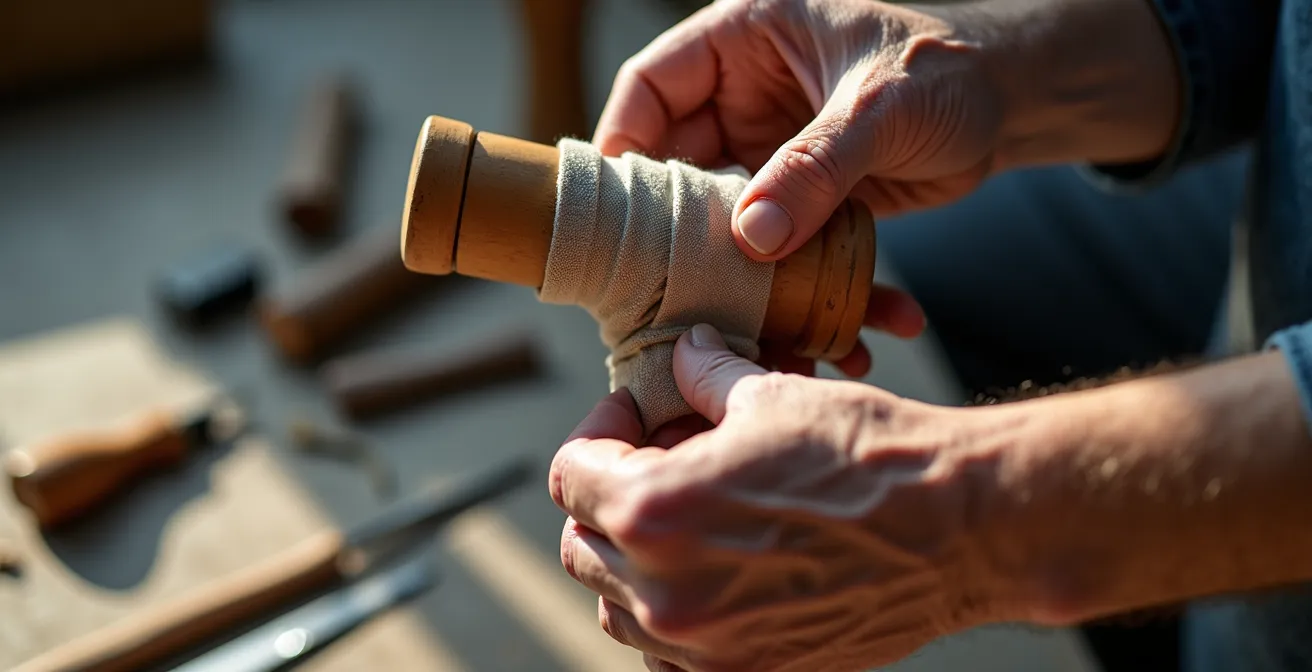 Hands demonstrating layered grip building technique on cane handle