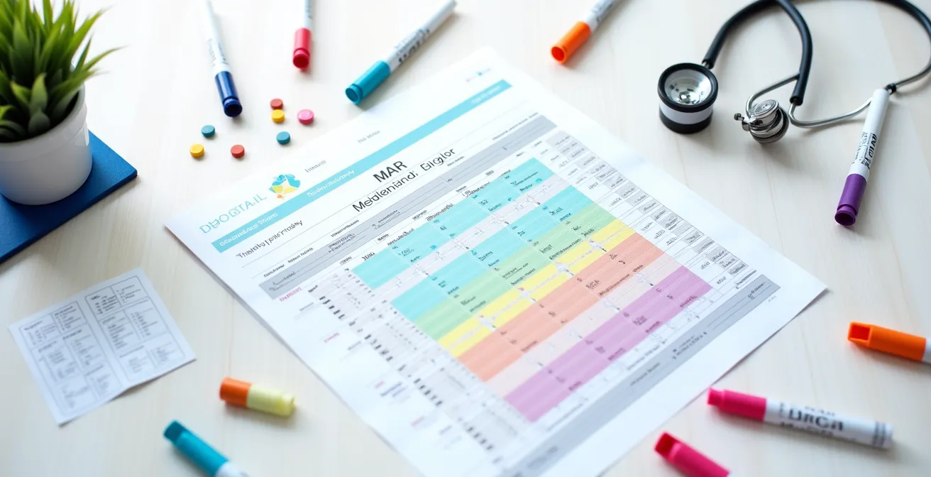 Comprehensive MAR template with tracking columns displayed on a desk