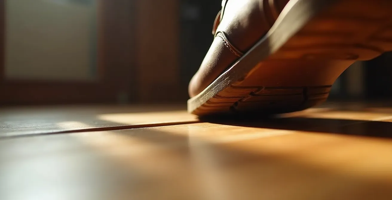 Close-up macro shot of shoe sole approaching wooden threshold showing minimal clearance