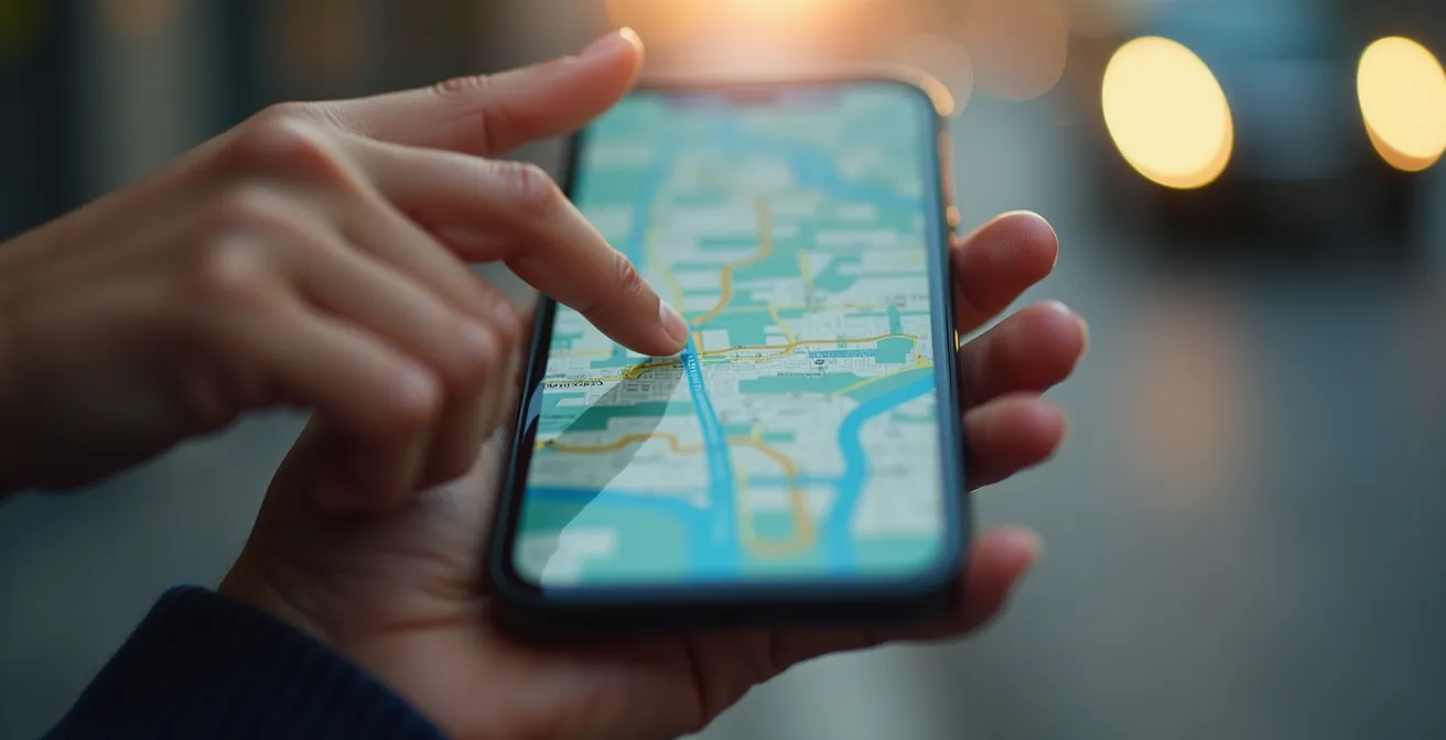 Close-up view of hands using smartphone to check accessibility features, with blurred street scene in background