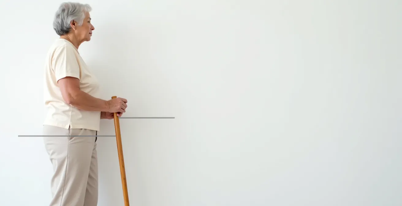 Side view demonstration of correct cane height alignment with wrist crease