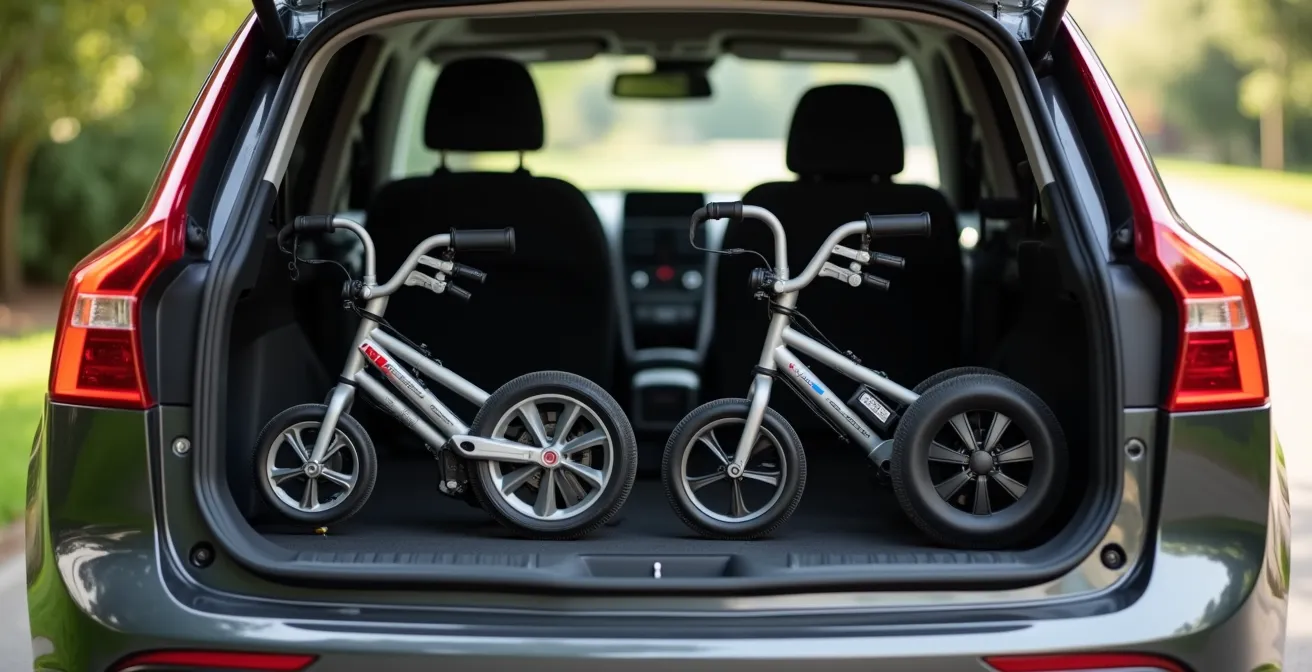Visual comparison of three-wheel and four-wheel rollators folded in car trunk