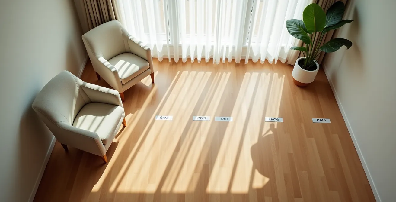 Overhead view of home setup showing safe practice zones for hip recovery