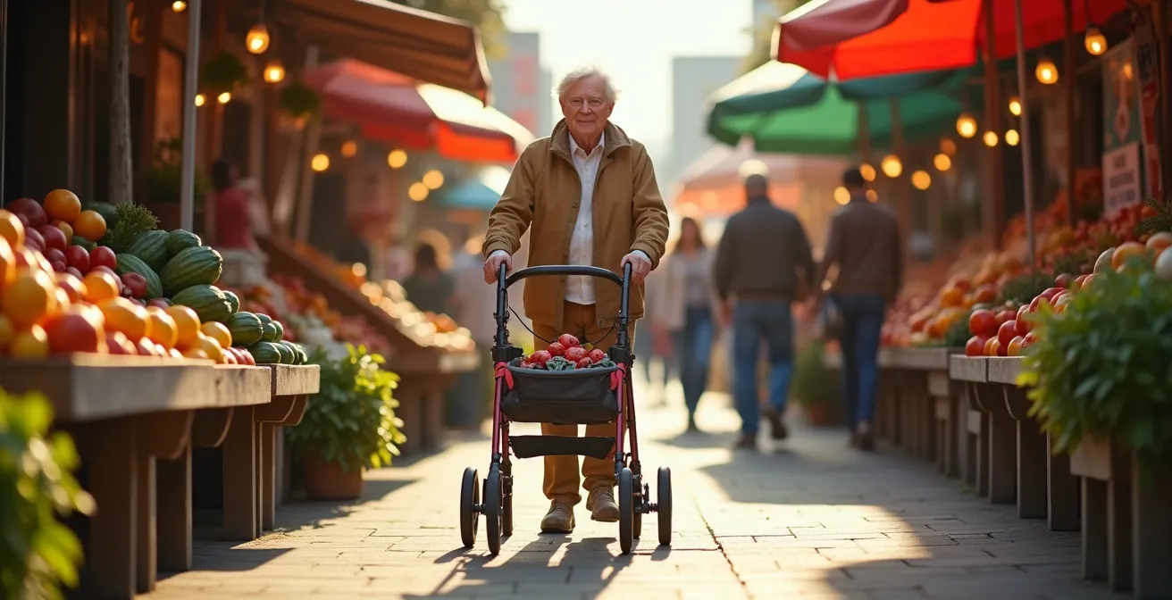 Senior with personalized rollator engaging with community at outdoor market