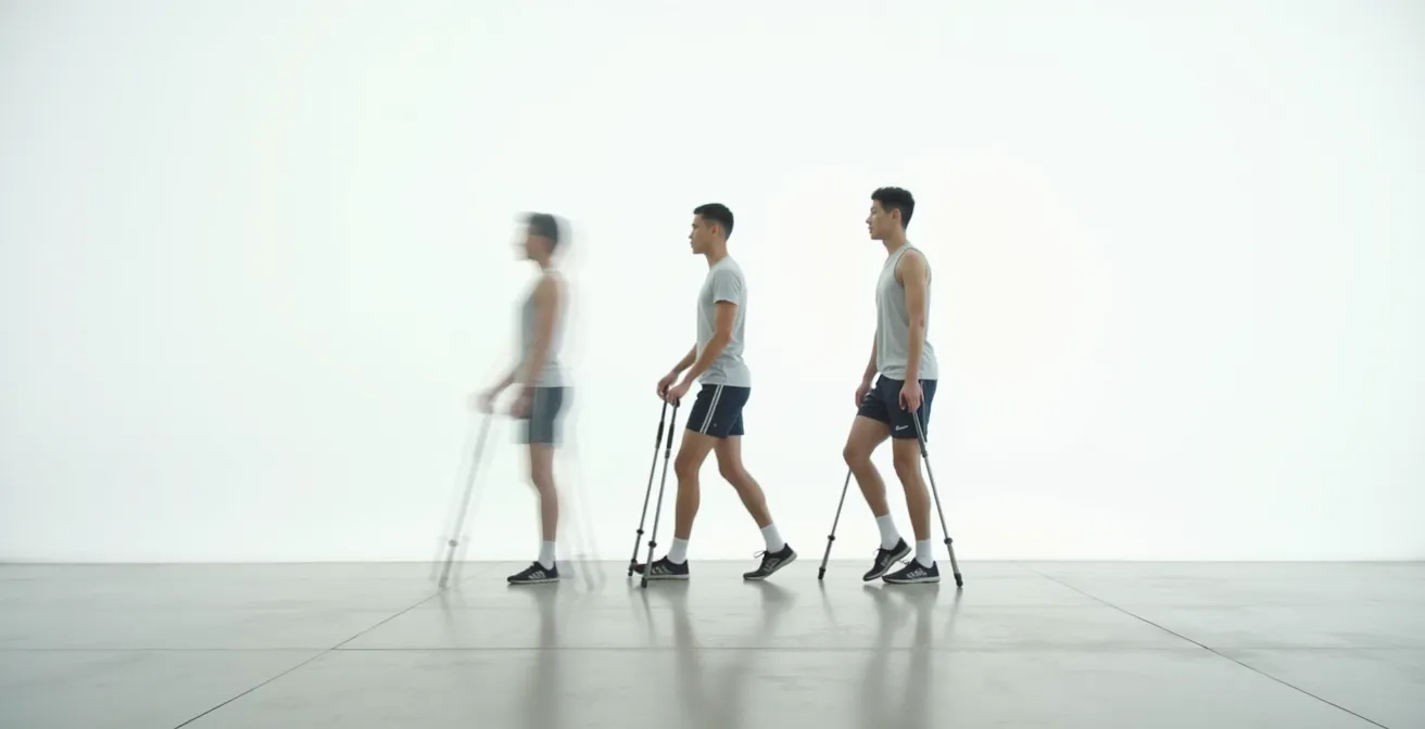 Sequential demonstration of two-point gait pattern with forearm crutches