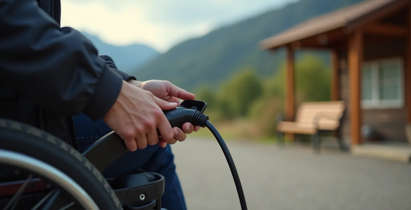 Person connecting wheelchair charger at accessible rest stop with mountains in background