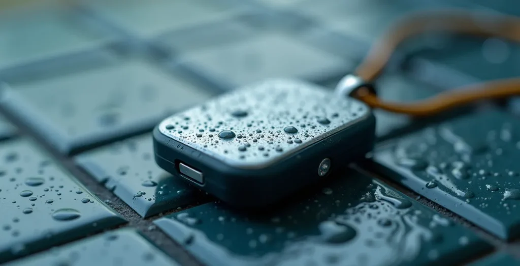 Close-up of waterproof medical alert device with water droplets