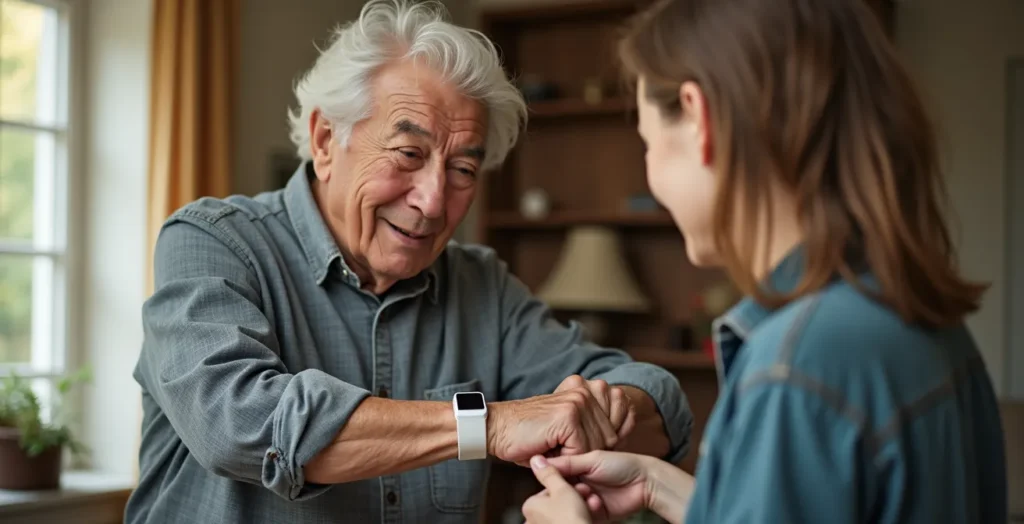 Senior performing monthly medical alert system test at home